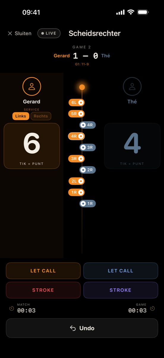 iPhone: Referee mode with a rally-by-rally score line